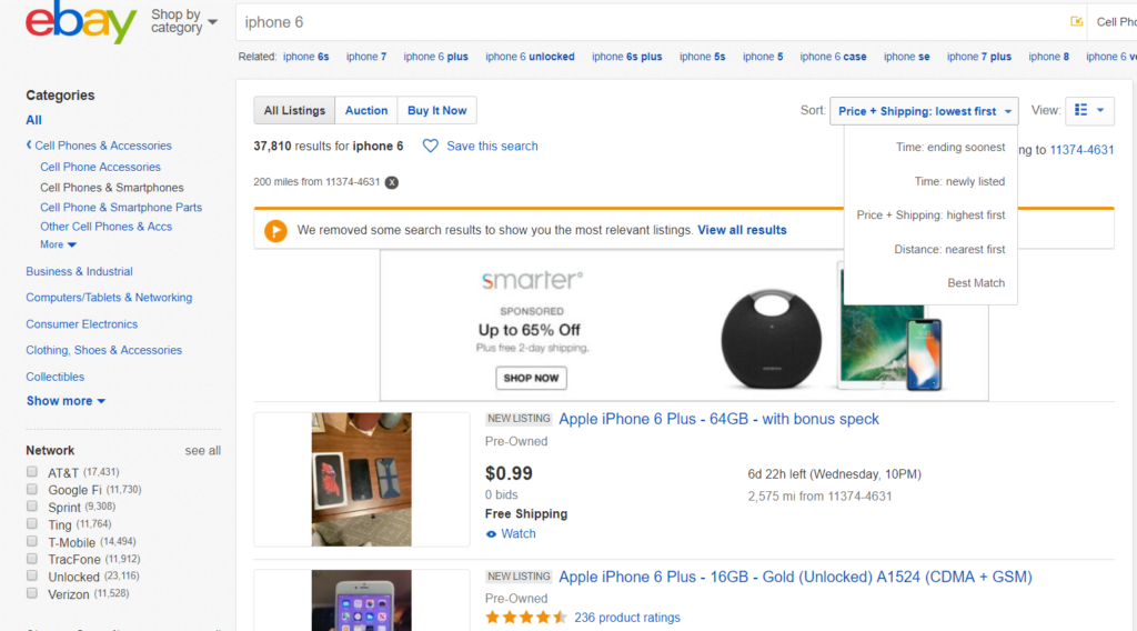 image of ebay listing sort out by price