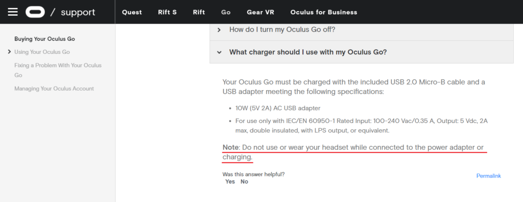 image of oculus go note about charing